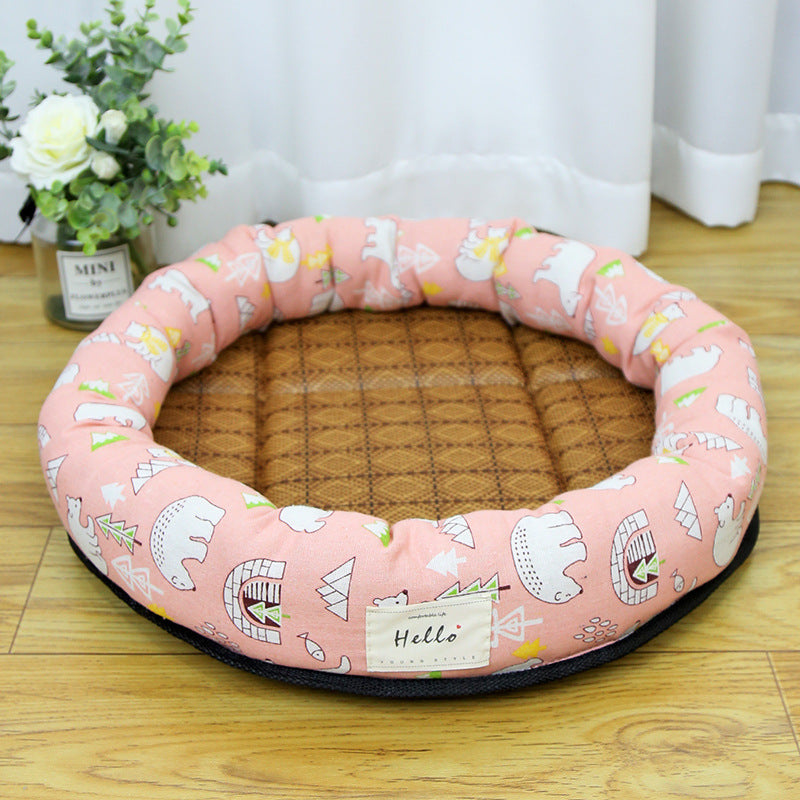 Round straw mat cooling pet nest with cat print, product image 10