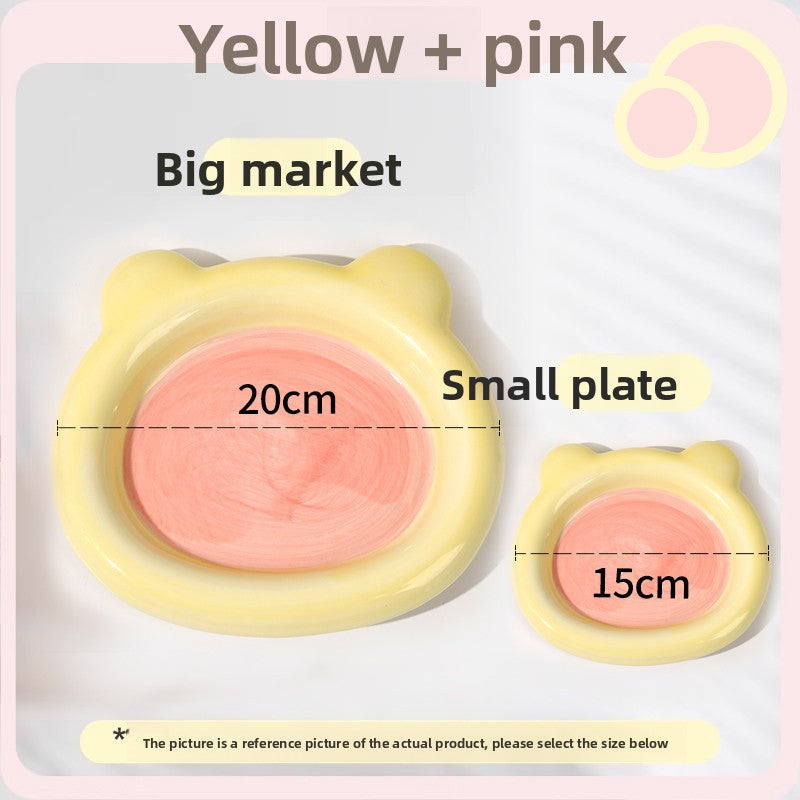 Shallow ceramic pet food plate with cute bear design in blue and pink, view 8