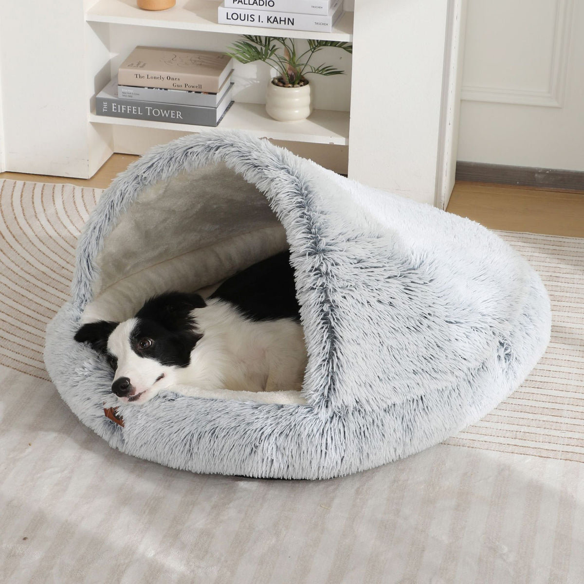 Plush enclosed cave bed for cats in gradient grey, product image 1
