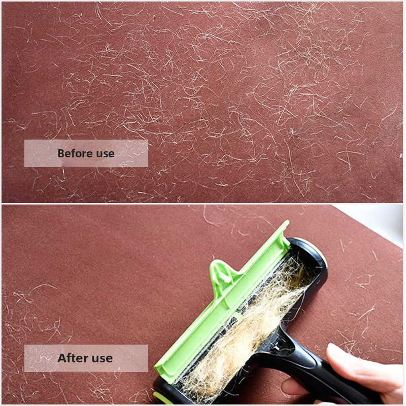 Grey and white lint brush lifting cat fur from a sofa