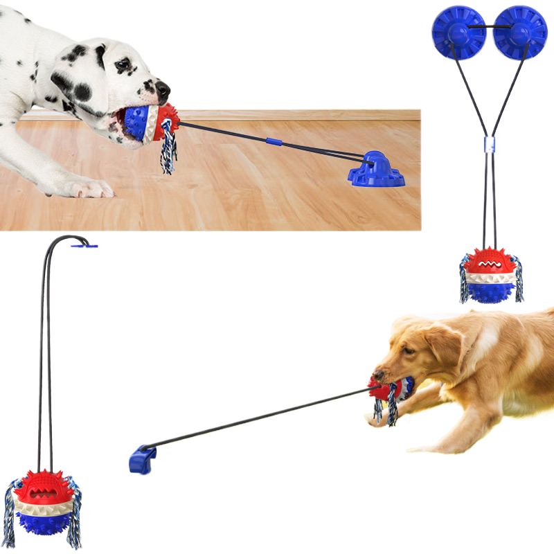 Squeaky tug ball dog toy with pull rope in blue