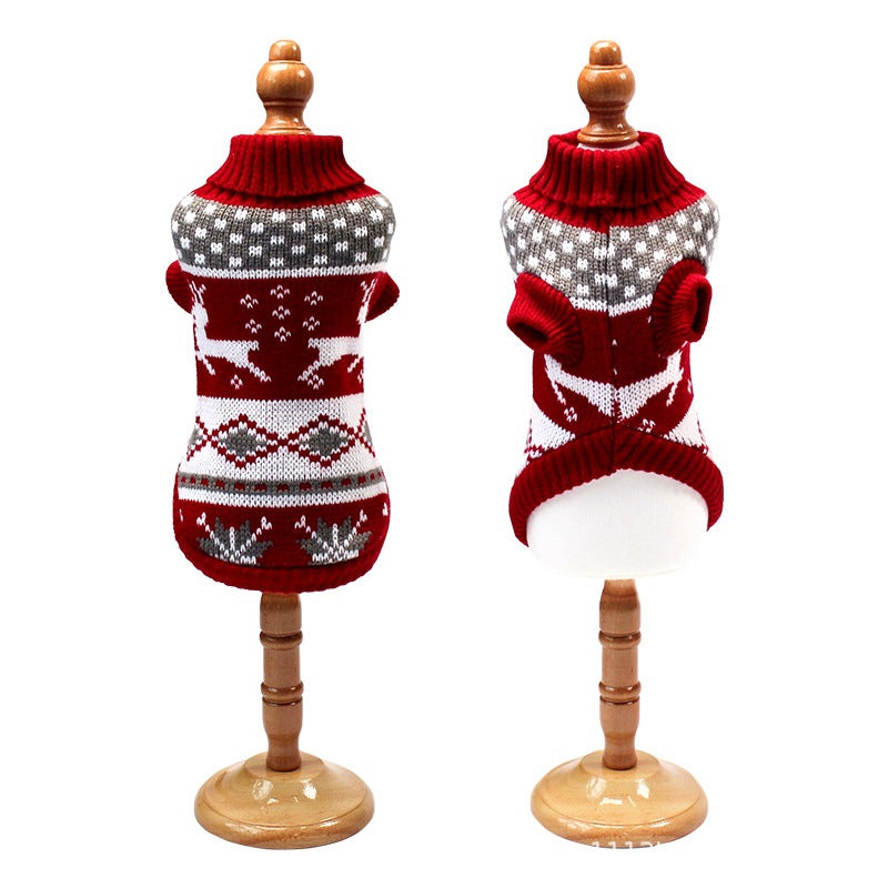 Knitted Christmas pet jumpers in reindeer, snowflake and leaf patterns