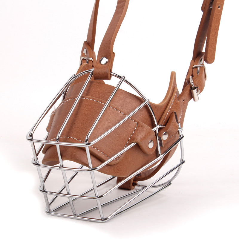 Brown leather dog muzzle with chrome frame in four sizes