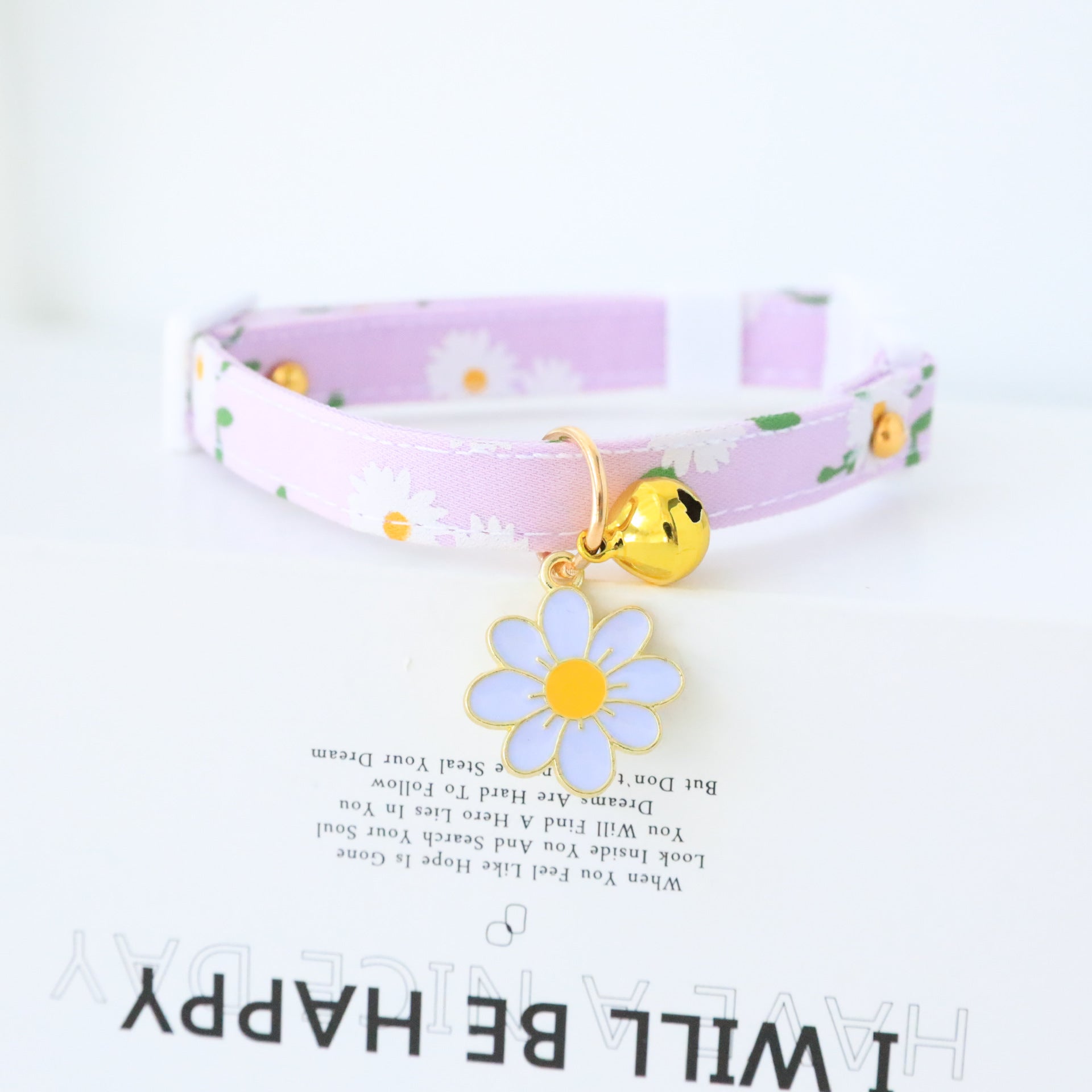 Floral cat collar with bell and safety buckle in Yellow Double Layer, top view