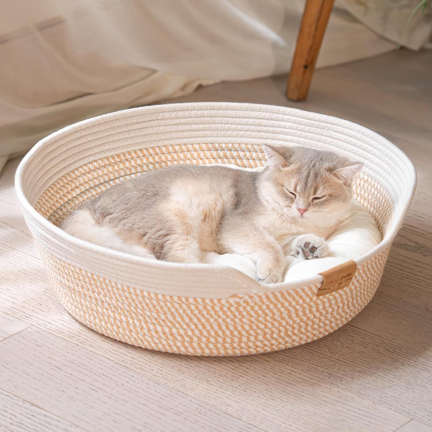 Round woven cotton rope cat bed and scratcher in beige and white, view 7