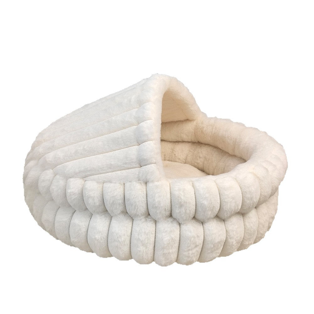 Thick plush semi-enclosed cat bed with waterproof base, detail photo 5