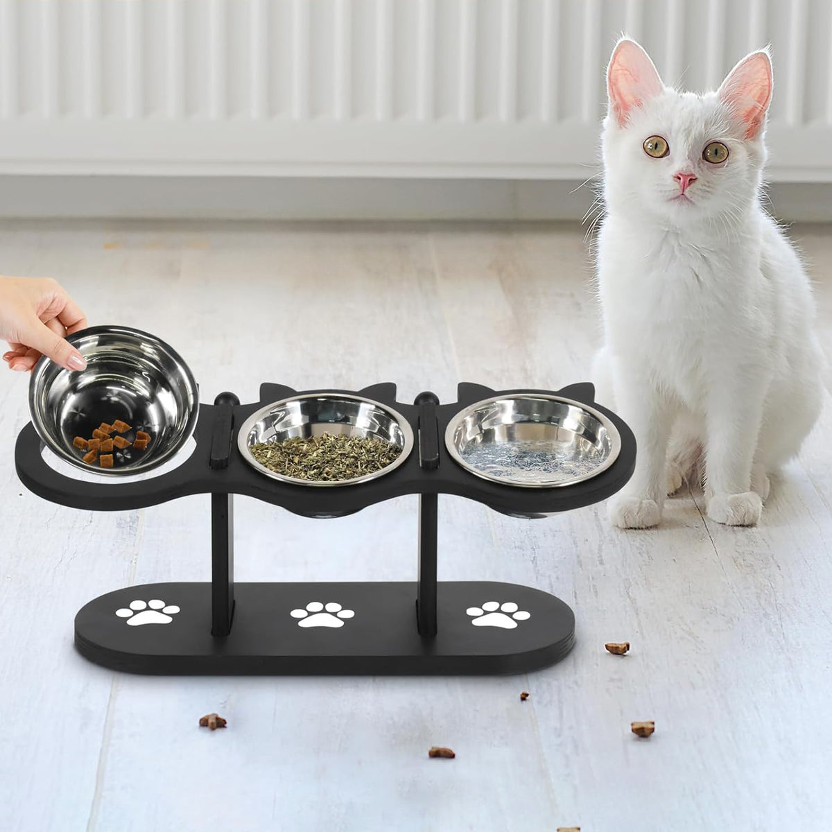 Wooden raised dog feeder with three bowls, alternative angle view