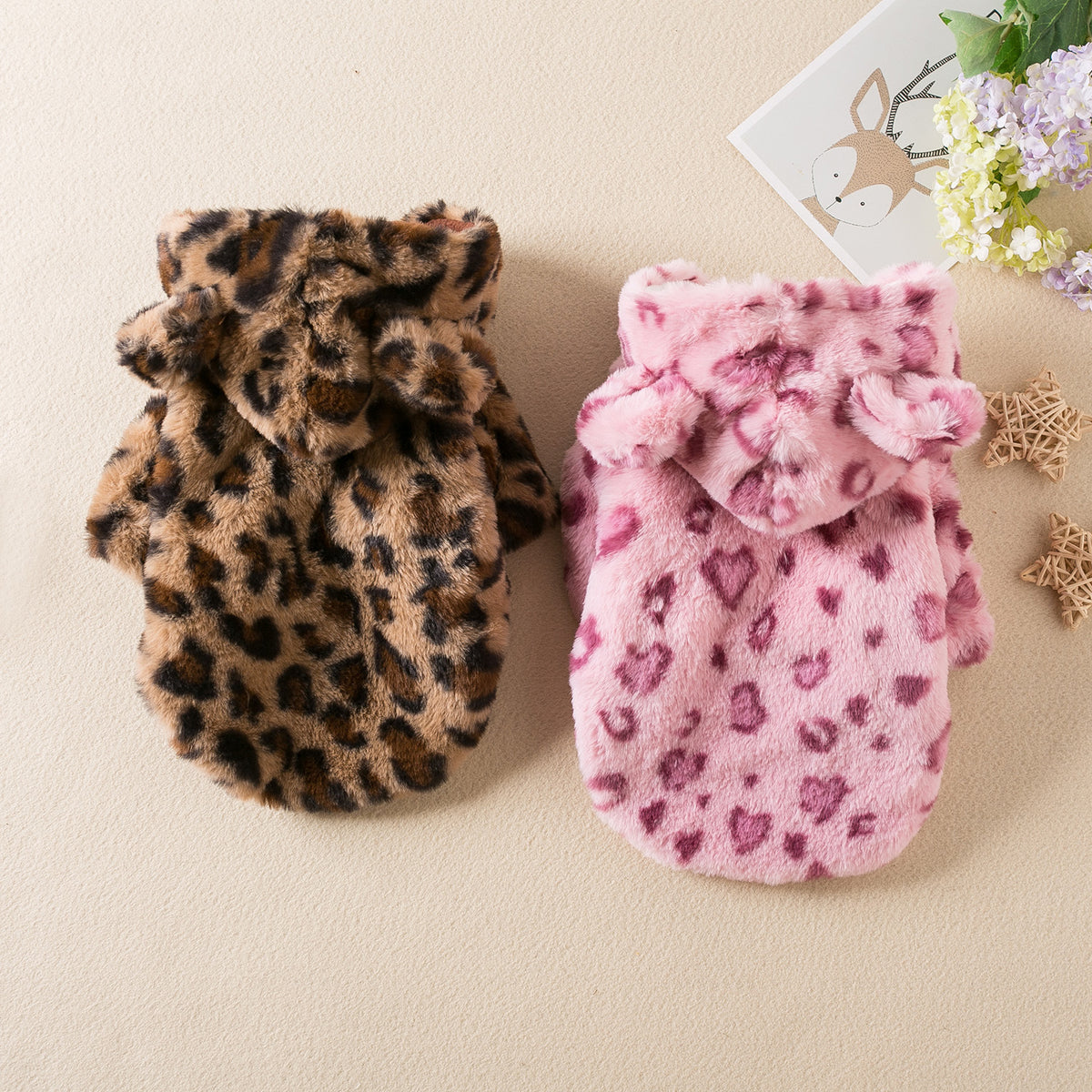Leopard print plush pet jumpers in pink and brown