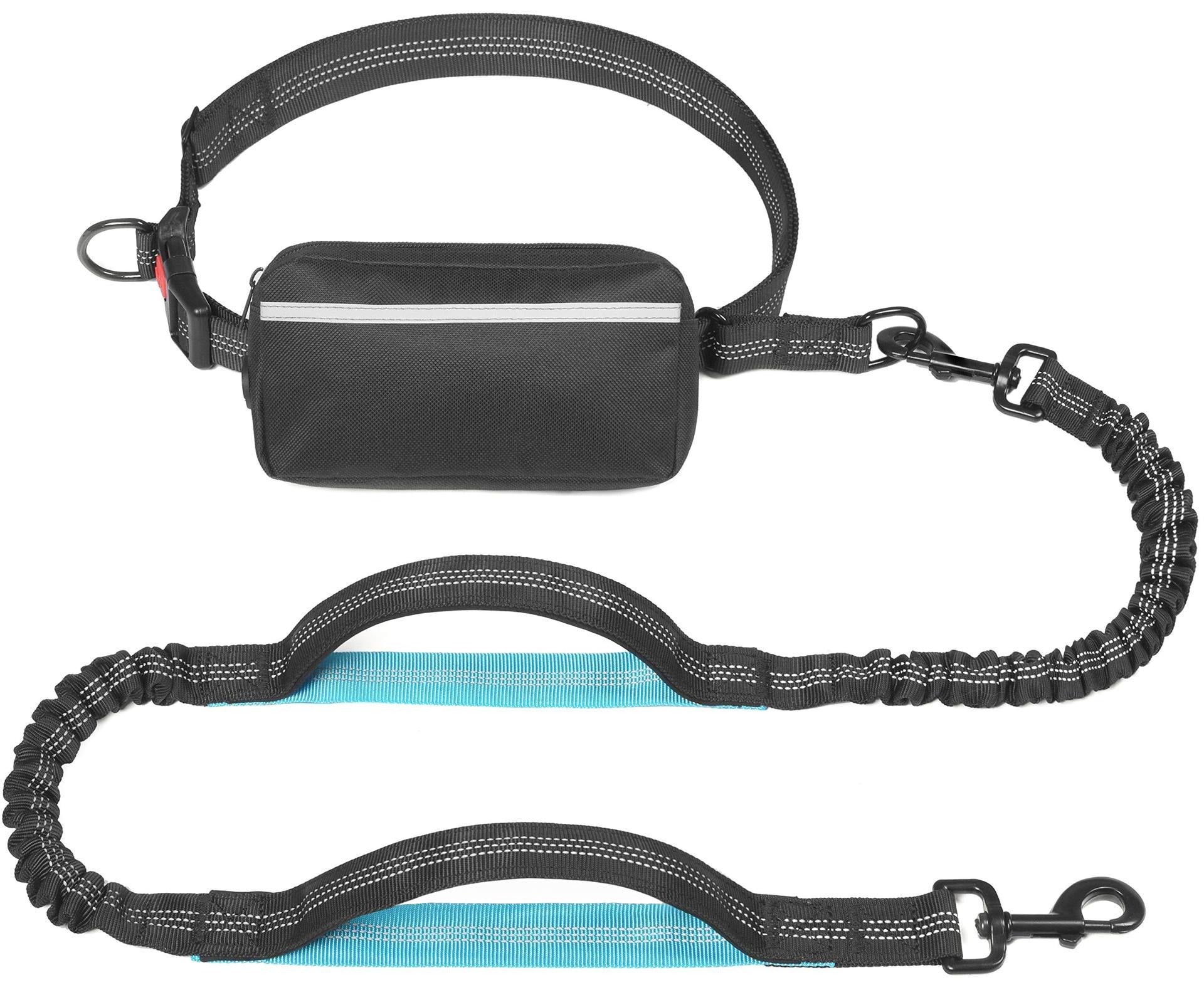 Hands free reflective dog running lead with waist bag in black