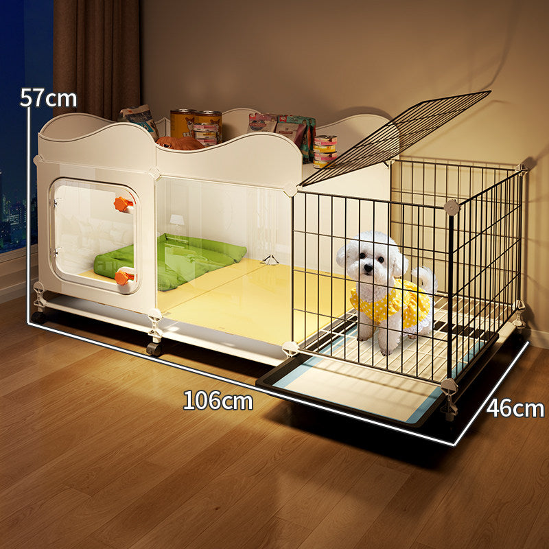 Modular small dog cage with toilet area, further angle view