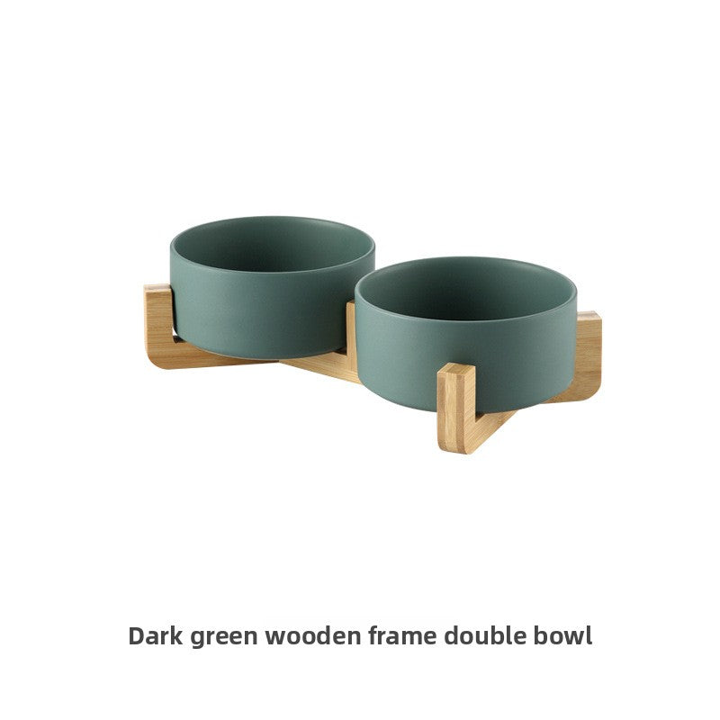 Green double ceramic pet bowl set with wooden stand
