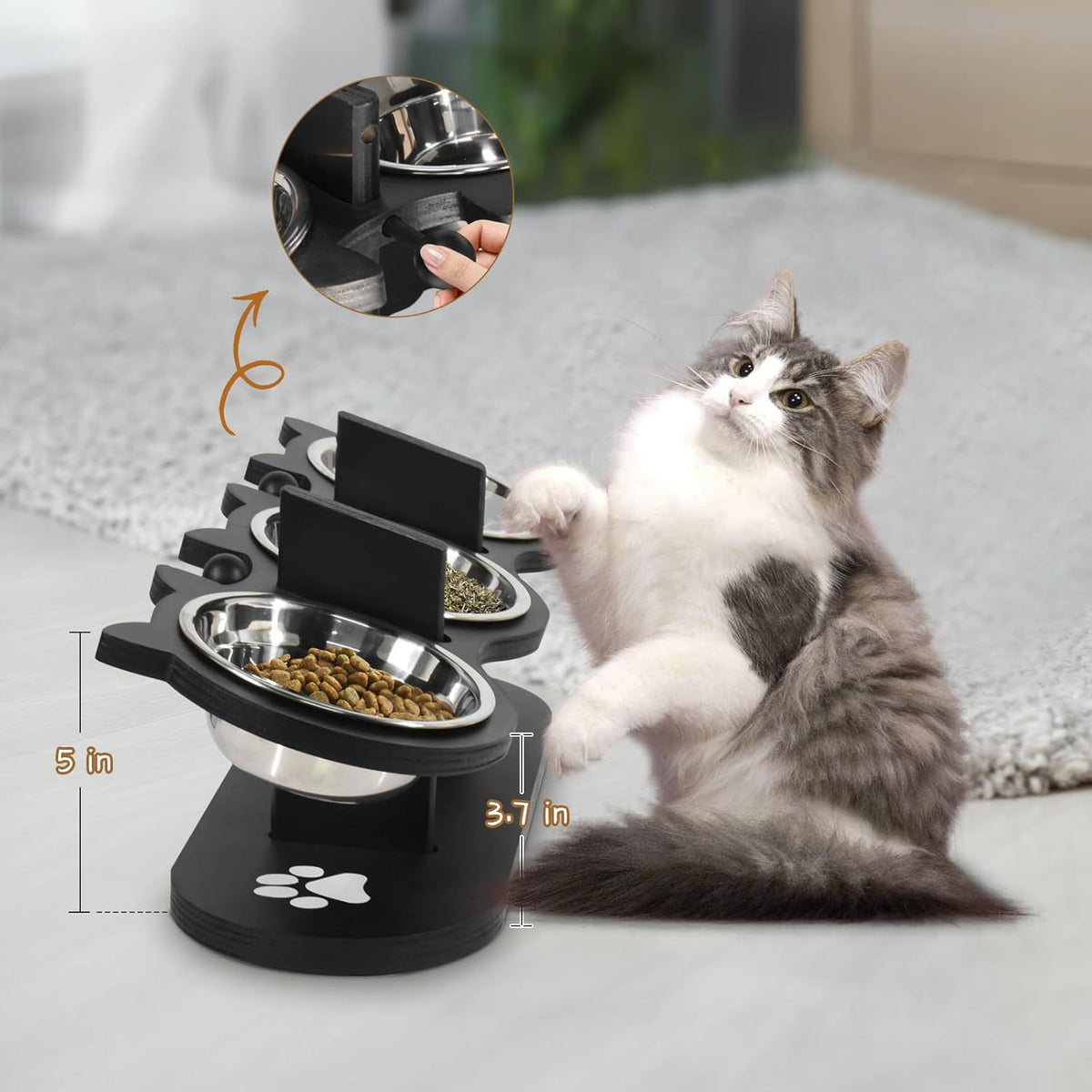 Wooden raised dog feeder with three bowls, main product photo