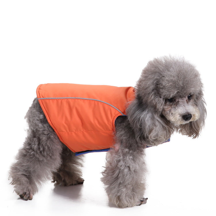 Windproof hooded dog jacket with zip front in Red Style A, close-up detail