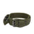 Tactical nylon dog collar with metal buckle in outdoor colours, shown on a pet