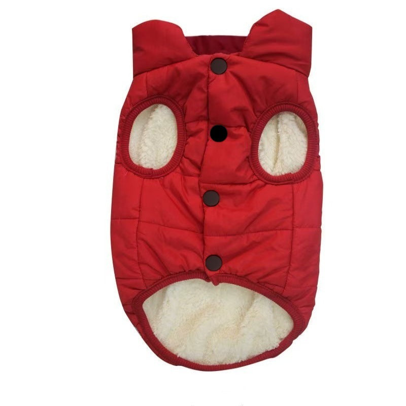 Thick padded dog vest coat for cold weather in Red, showing size and shape