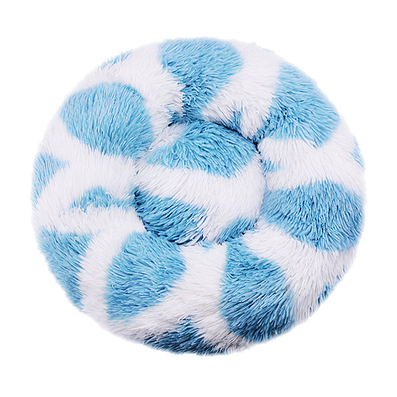 Round long plush nest bed for cats and dogs in Blue-White Check