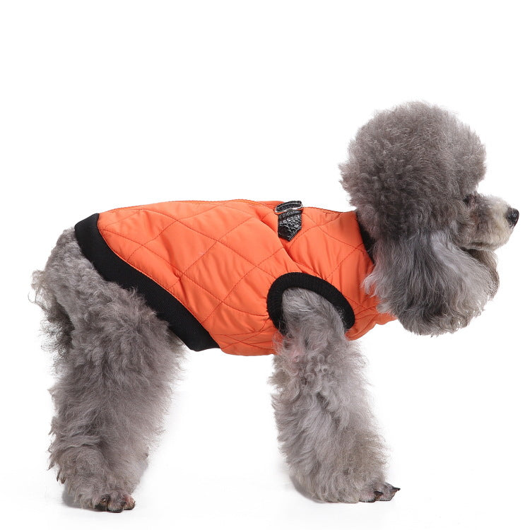 Windproof hooded dog jacket with zip front in Purple Style C, in a home setting