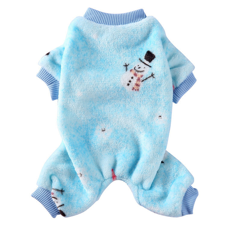 Coral fleece four-leg dog jumpsuit with holiday print in Apricot Style B, front view
