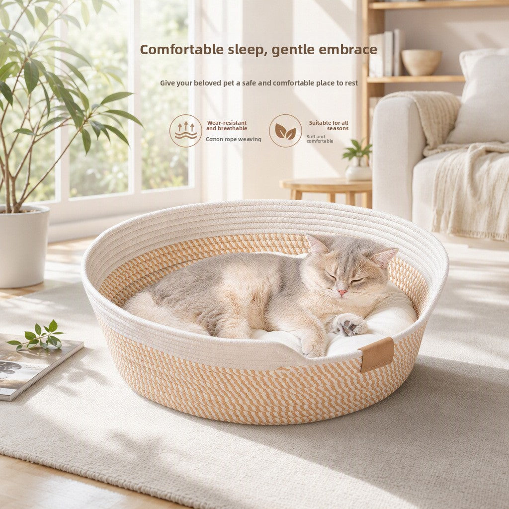 Round woven cotton rope cat bed and scratcher in beige and white, view 1