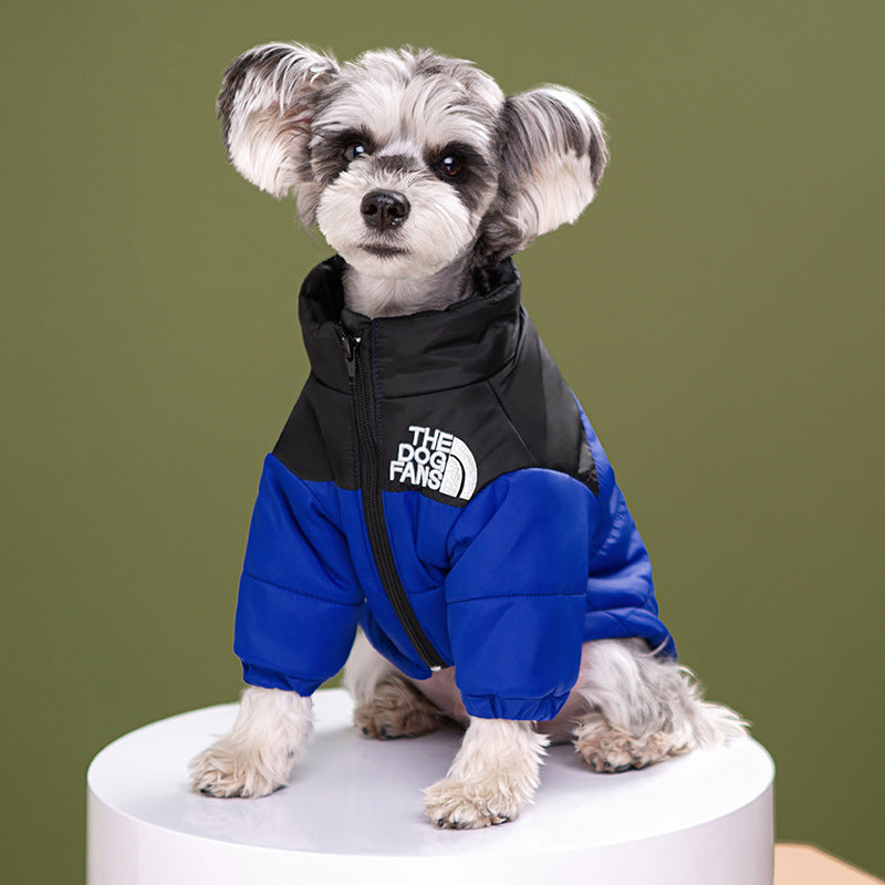 Windproof water-resistant padded jacket for large dogs in Pink, in a home setting