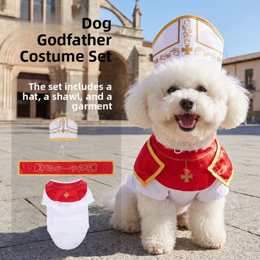 Small dog wearing a gangster style suit and hat