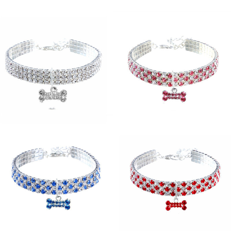 Rhinestone pet collar with bone charm in Red and White, side view