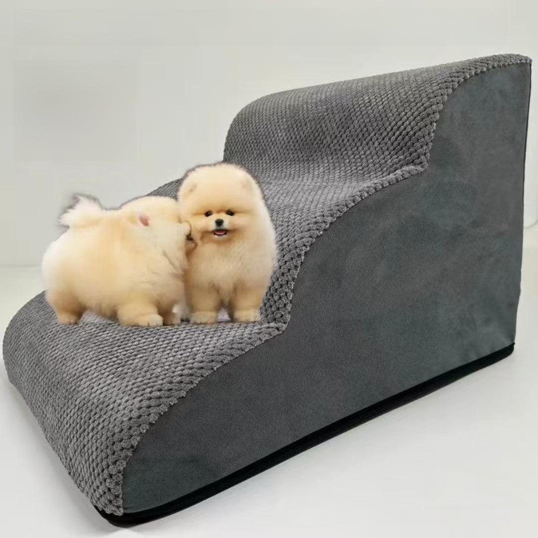 Soft sponge pet steps with fabric cover, shown in 2 colours and styles