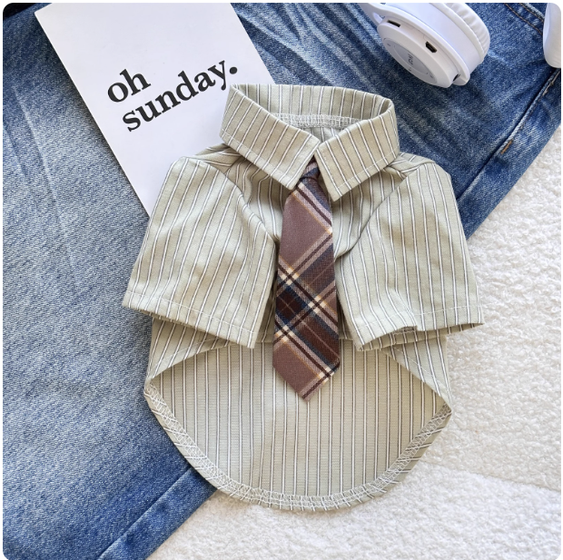 Smart pet shirt with striped tie in Vintage Green, showing size and shape