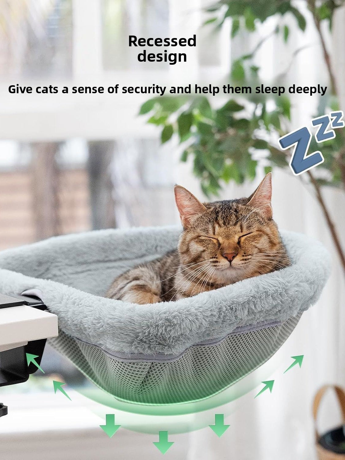 Raised round desk cat bed with grey faux fur on stand, view 2
