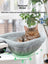 Raised round desk cat bed with grey faux fur on stand, view 2