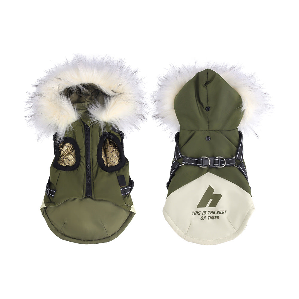 Hooded padded dog jacket with faux fur collar in Royal Blue, front view
