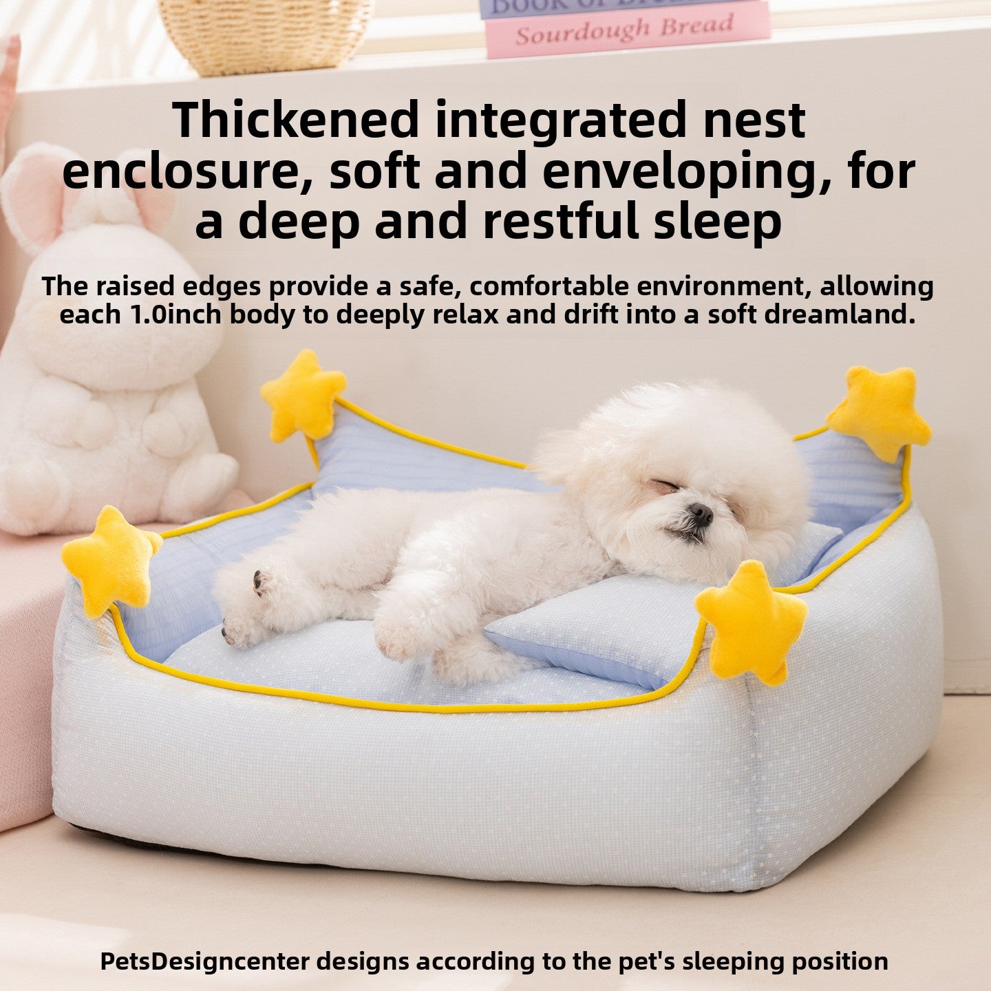 Detachable open pet bed with matching pillow in a cute print pattern
