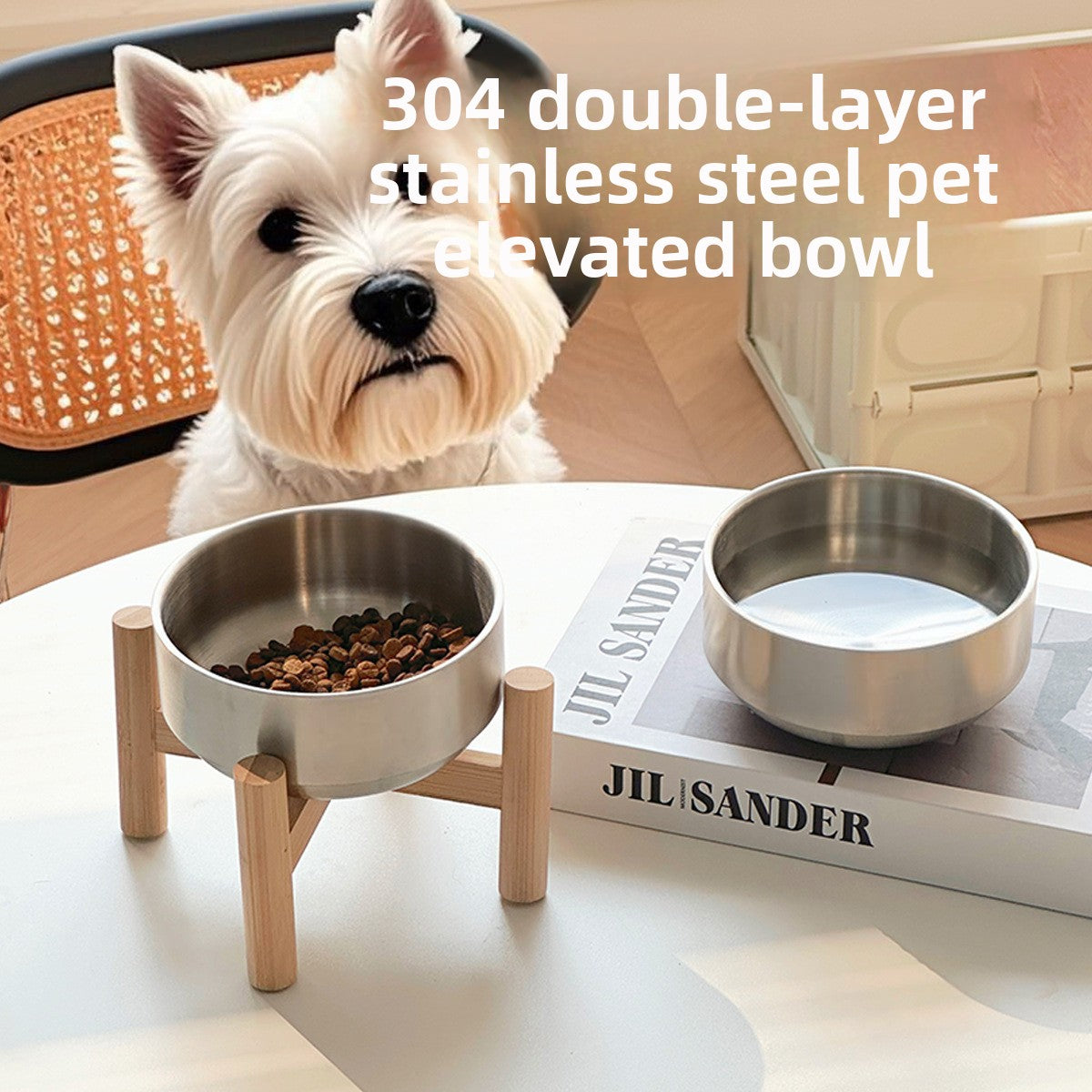 Elevated Pet Food Bowl with Removable Wooden Stand and Stainless Steel Bowl for Pets