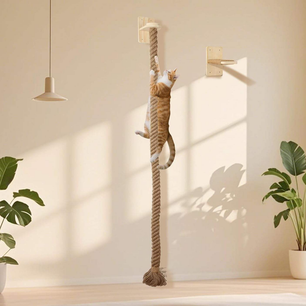 Wooden wall-mounted cat climbing platform with jute rope, photo 2