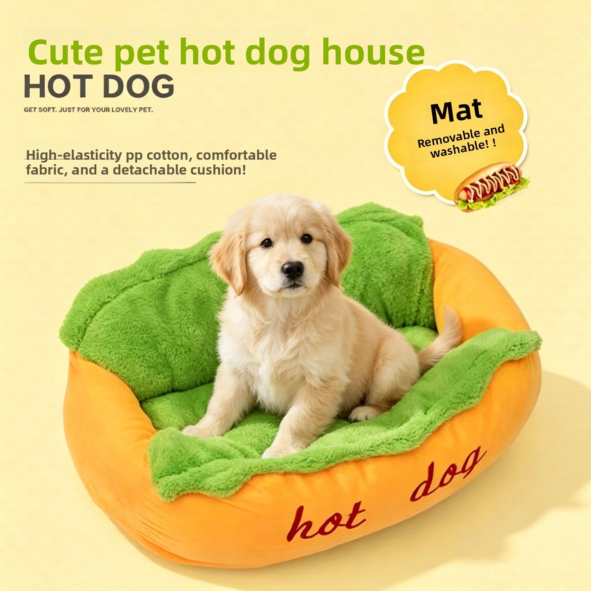 Hot dog shaped pet bed for cats and small dogs, view 1