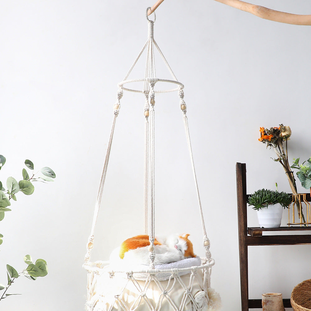 Handwoven bohemian hanging basket bed for cats, product image 2