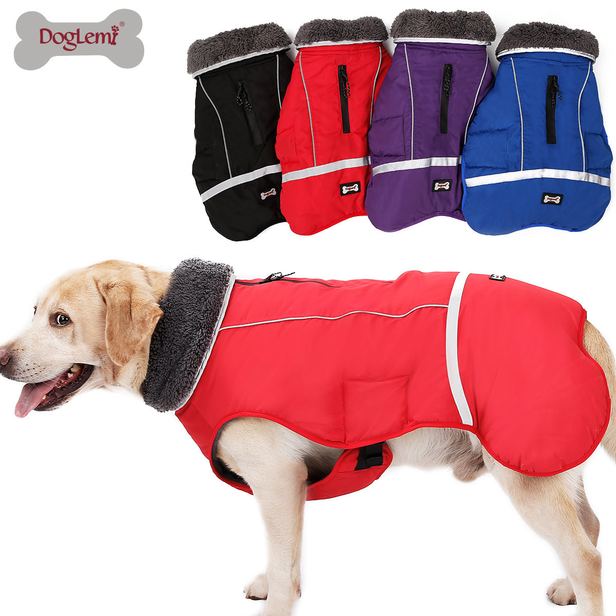 Water-resistant padded dog winter coat with reflective trim in Blue, showing size and shape