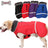 Water-resistant padded dog winter coat with reflective trim in Blue, showing size and shape