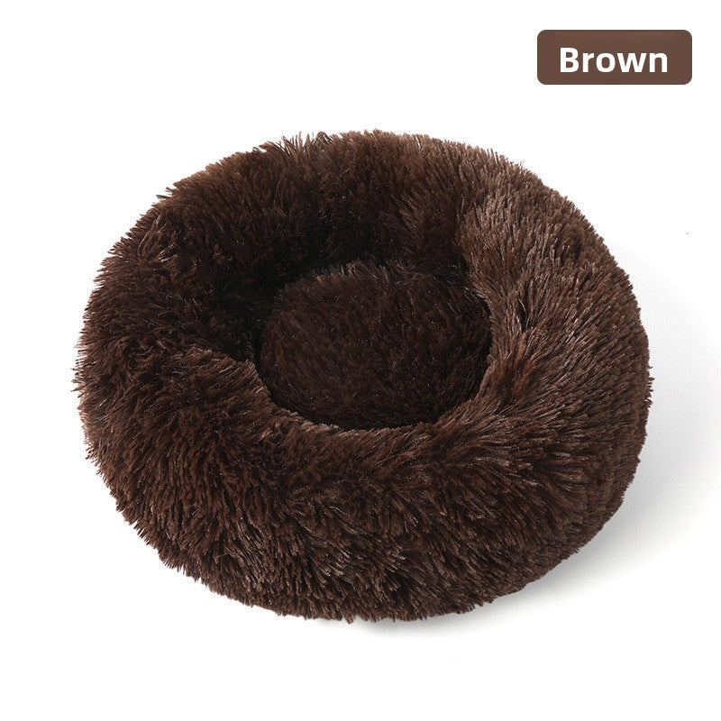 Plush round padded dog and cat bed in Coffee