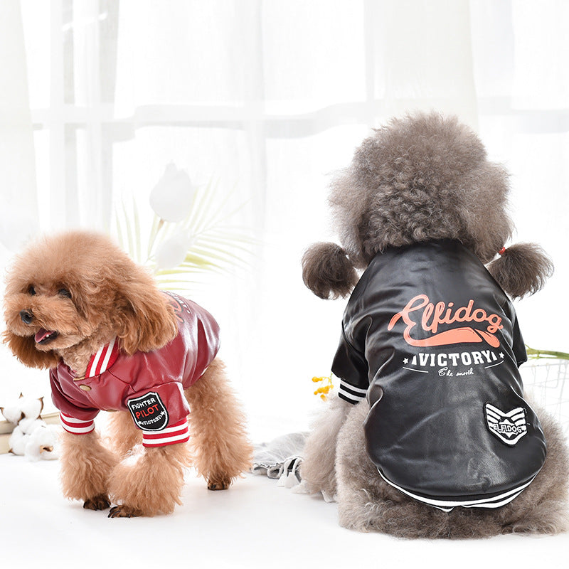Fleece lined aviator dog jacket with leather-look shell in Red, close-up detail