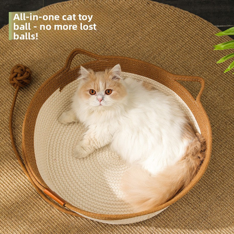 Hand woven round cotton and linen pet nest in grey, view 2