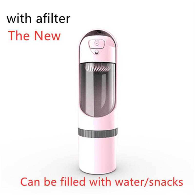 Portable Dog Water Bottle, 300ml Travel Bottle with Built-In Bowl and Filter Options