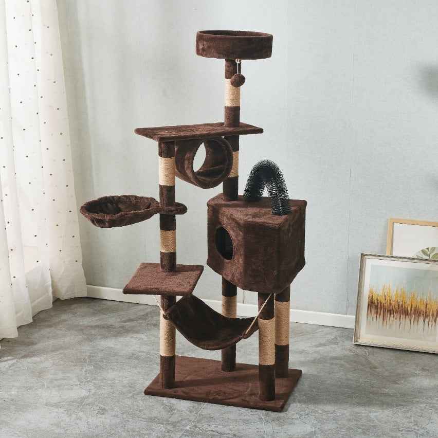 Cat lounging on the top perch of a plush cat tree