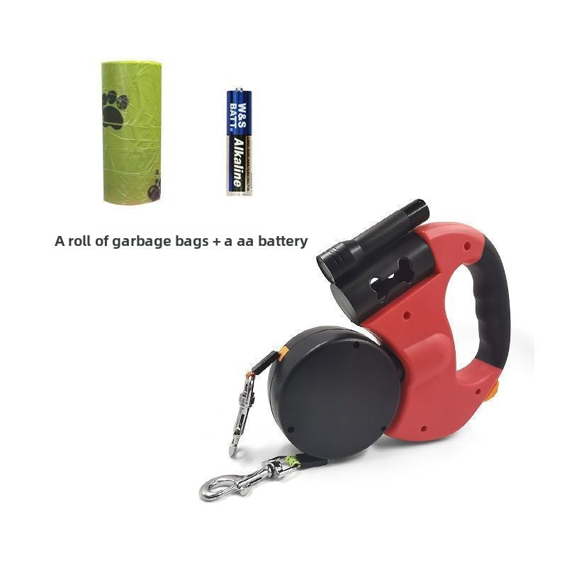 Retractable dog lead with built in poo bag dispenser and 5m tape