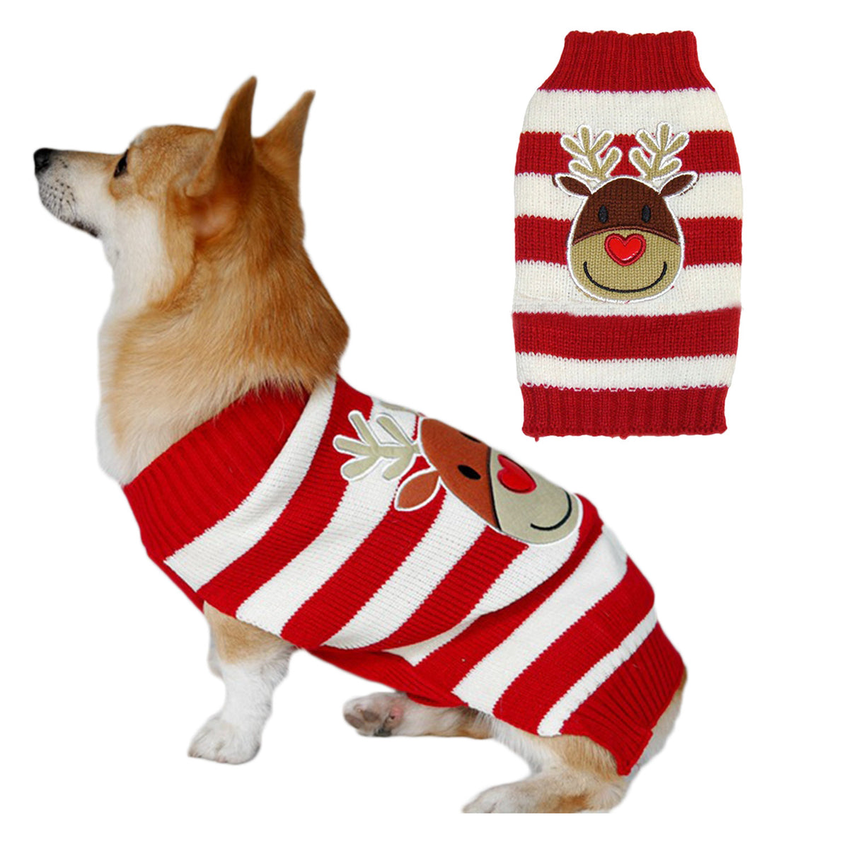 Christmas knitted dog jumper with festive pattern in Green and Black Reindeer, side view
