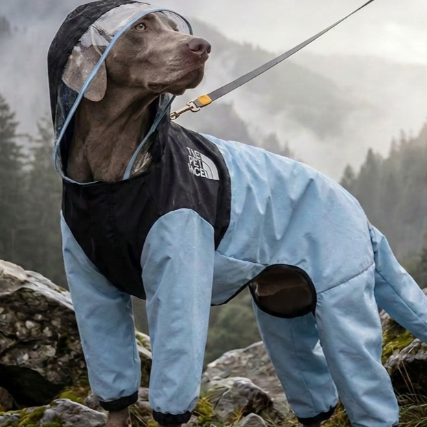Large dog wearing a blue shark four leg raincoat
