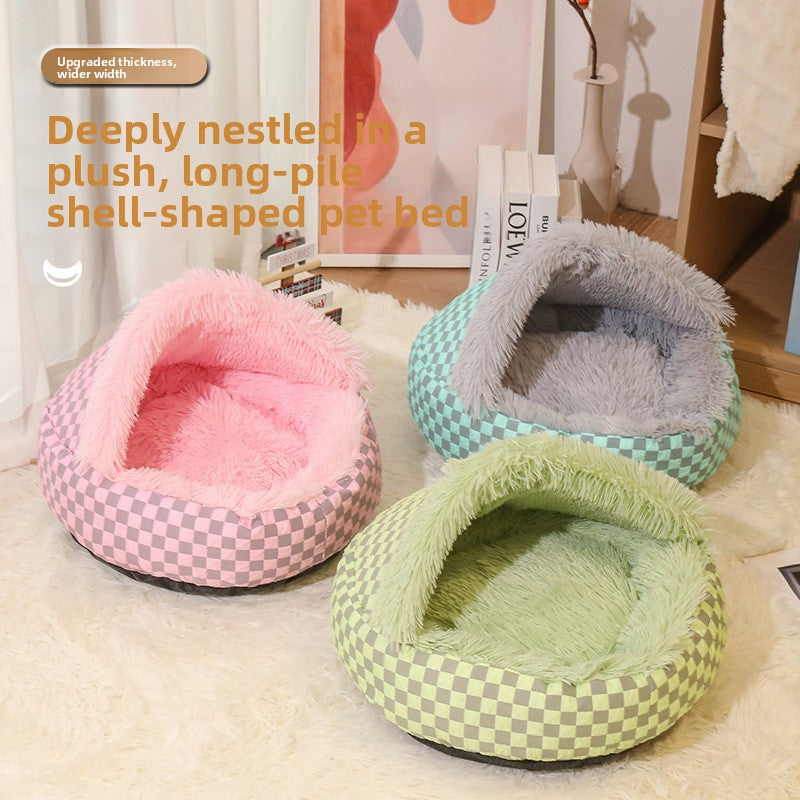 Plaid shell shaped semi enclosed cat bed with plush lining, view 2