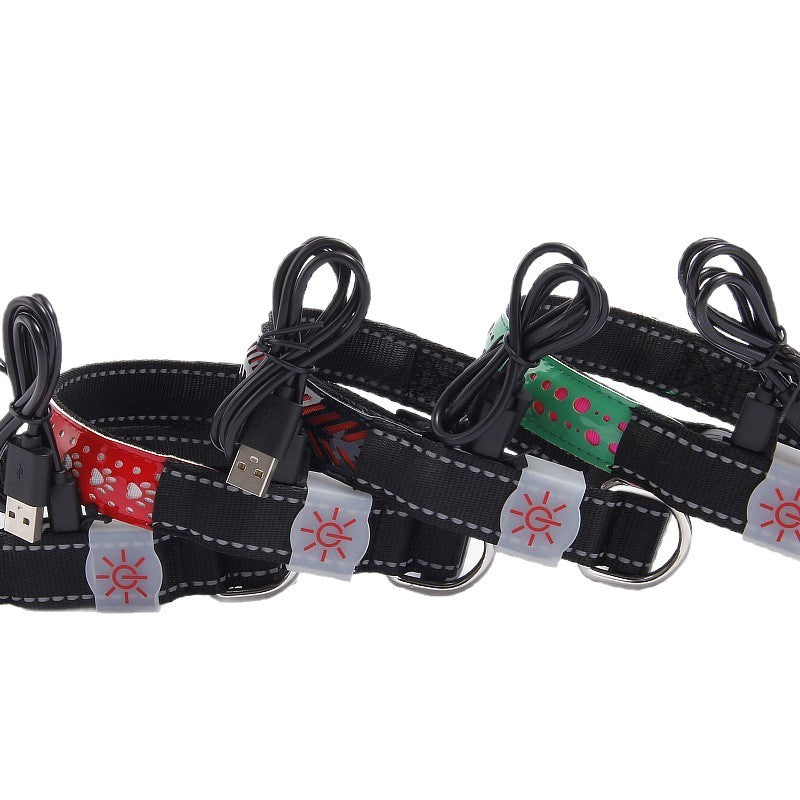 LED light up pet collar with black striped strap and red glow
