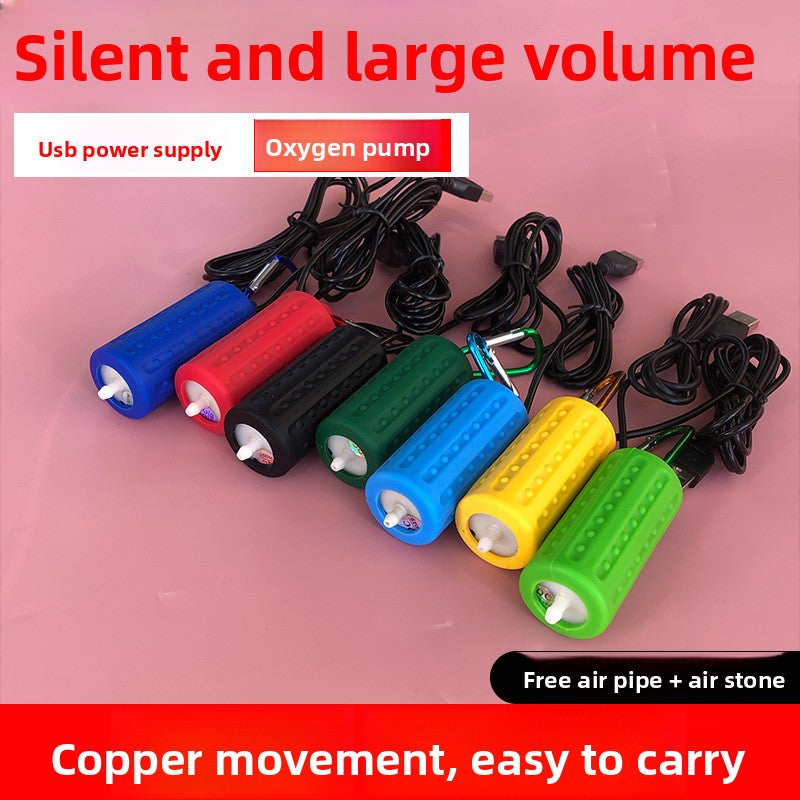 Compact USB aquarium air pump in a colourful silicone shell, view 1