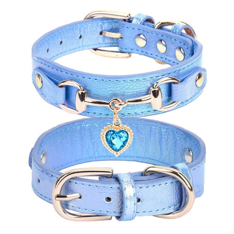 Heart rhinestone PU leather pet collar in Blue, in a home setting